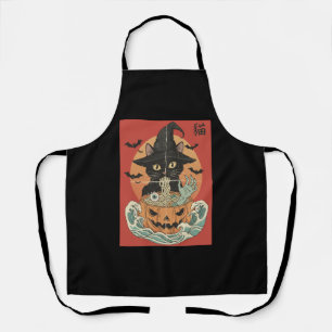 Black cat eats Japanese ramen for Halloween Apron