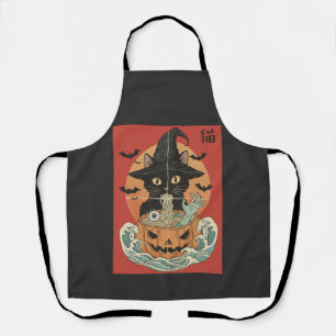 Black cat eats Japanese ramen for Halloween Apron