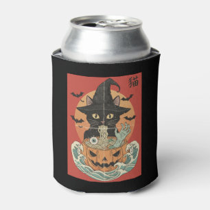 Black cat eats Japanese ramen for Halloween Can Cooler