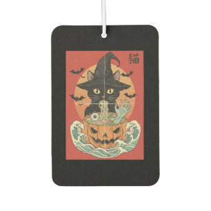 Black cat eats Japanese ramen for Halloween Car Air Freshener