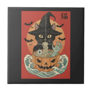 Black cat eats Japanese ramen for Halloween Ceramic Tile