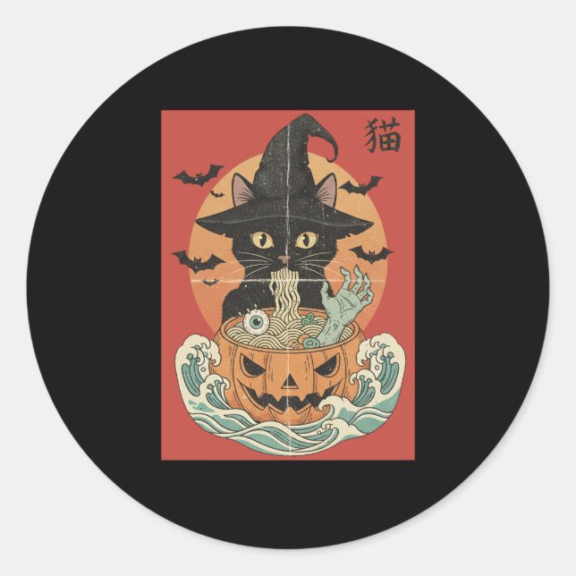 Black cat eats Japanese ramen for Halloween Classic Round Sticker (Front)