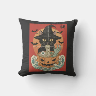 Black cat eats Japanese ramen for Halloween Cushion