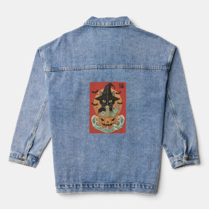 Black cat eats Japanese ramen for Halloween Denim Jacket