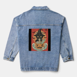 Black cat eats Japanese ramen for Halloween Denim Jacket
