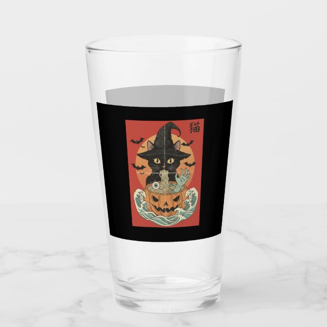 Black cat eats Japanese ramen for Halloween Glass (Front)