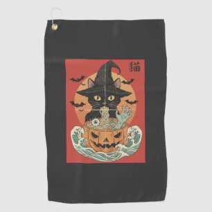 Black cat eats Japanese ramen for Halloween Golf Towel