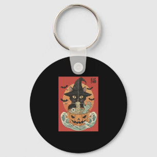 Black cat eats Japanese ramen for Halloween Key Ring