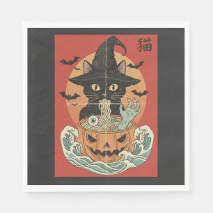 Black cat eats Japanese ramen for Halloween Napkin