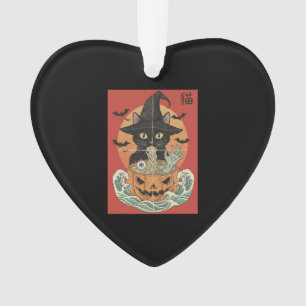 Black cat eats Japanese ramen for Halloween Ornament