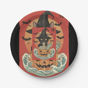 Black cat eats Japanese ramen for Halloween Paper Plate