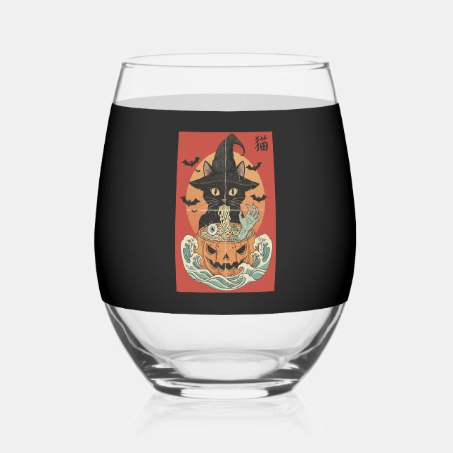 Black cat eats Japanese ramen for Halloween Stemless Wine Glass (Front)