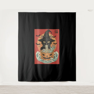 Black cat eats Japanese ramen for Halloween Tapestry