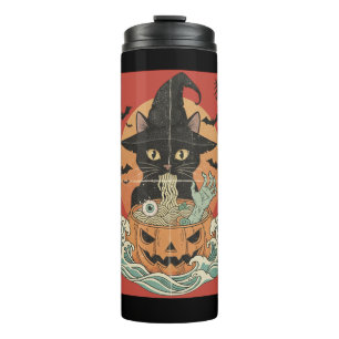 Black cat eats Japanese ramen for Halloween Thermal Tumbler