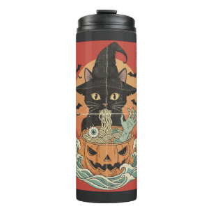 Black cat eats Japanese ramen for Halloween Thermal Tumbler