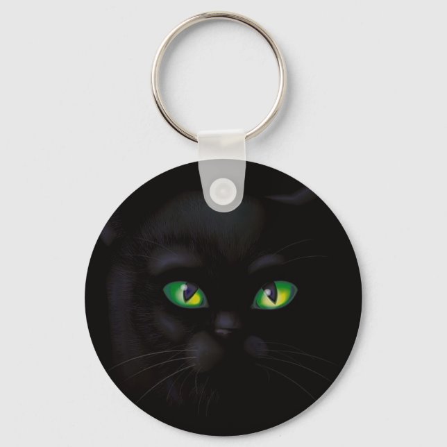 Black Cat Emerald Green Eyes Familiar Keychain (Front)