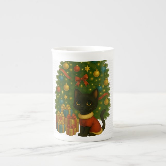 “Black Cat Emi and the Christmas Tree” Bone China Mug (Front)
