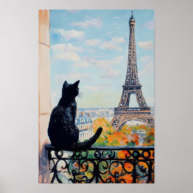 Black cat enjoying the view of the Eiffel Tower Poster (Front)