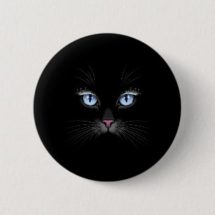 Black Cat Face Blue Eyes Sparkle Lashes Glamourous 6 Cm Round Badge