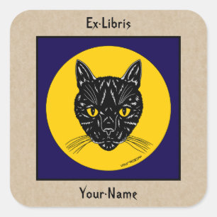 Black Cat Face Bookplate Square Sticker