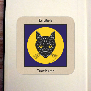 Black Cat Face Bookplate Square Sticker