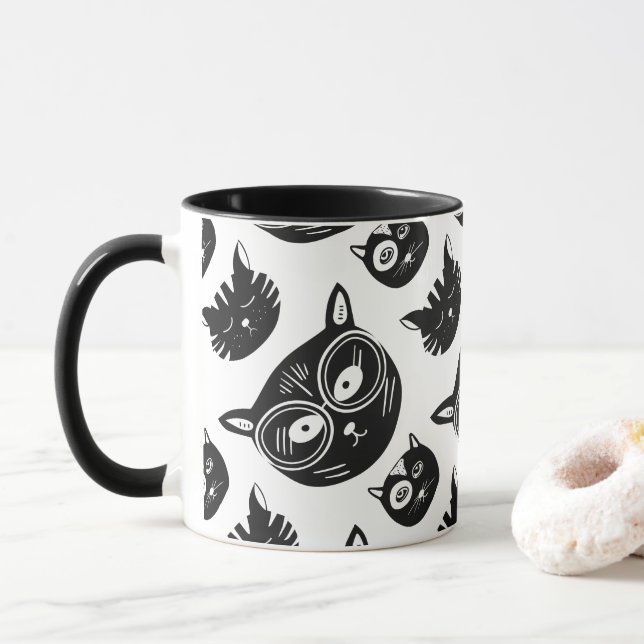 Black Cat Face With Funky Glasses pattern Mug (With Donut)