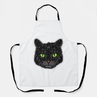 Black Cat Face With Green Eyes Trendy Animal Apron