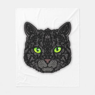 Black Cat Face With Green Eyes Trendy Animal Fleece Blanket
