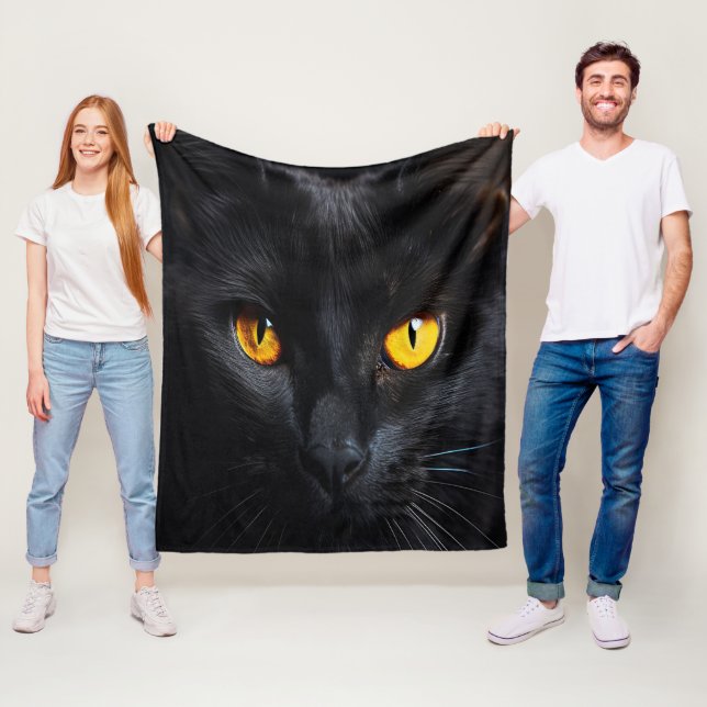 Black Cat Face With Shiny Yellow Eyes Fleece Blanket (In Situ)