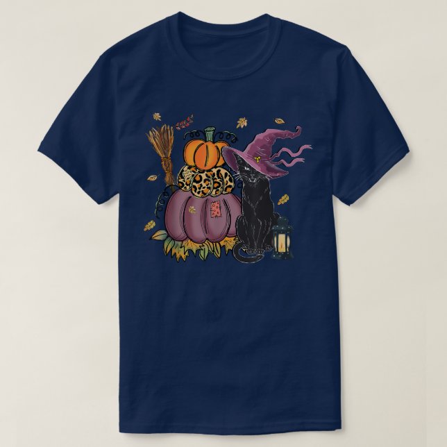 Black Cat Fall , Black Cat Pumpkin Autumn Hallowee T-Shirt (Design Front)