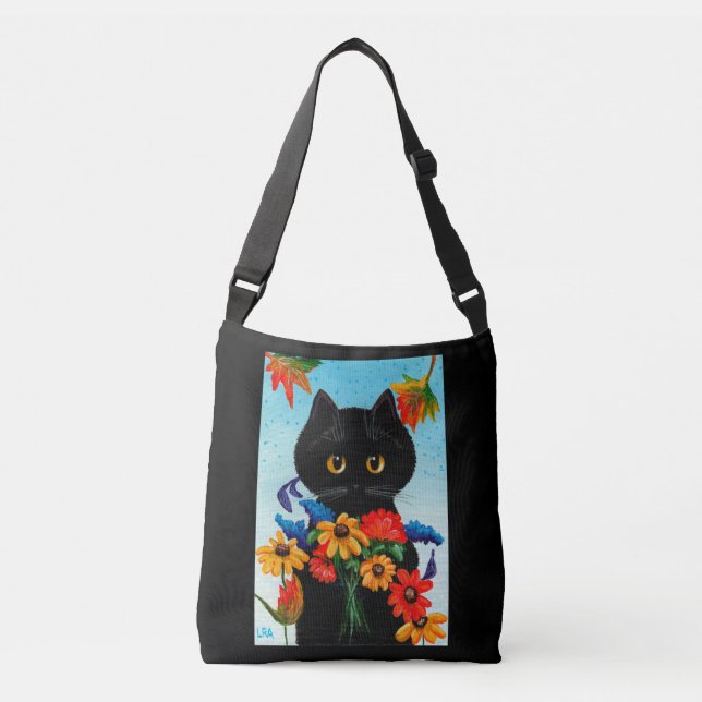 Black Cat Fall Flowers Crossbody Bag (Front)