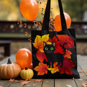 Black Cat Fall Leaves Tote Bag
