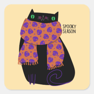 Black Cat Fall Season Halloween Spooky Cute Square Sticker