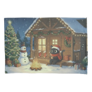 Black Cat Festive Christmas Scene Pillowcase