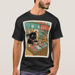 Black Cat Fish Market Japanese Style Illustration T-Shirt