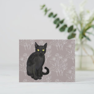 black cat floral background postcard