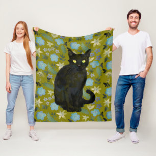 black cat floral fleece blanket