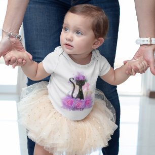 Black Cat flower crown sitting in pink roses Baby Bodysuit