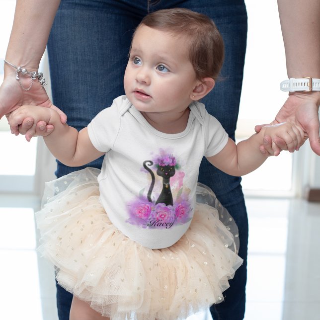 Black Cat flower crown sitting in pink roses Baby Bodysuit (Creator Uploaded)