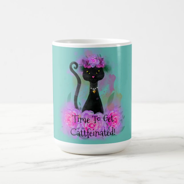 Black Cat flower crown sitting in pink roses Coffee Mug (Center)