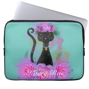 Black Cat flower crown sitting in pink roses Laptop Sleeve