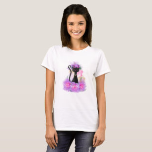 Black Cat flower crown sitting in pink roses T-Shirt