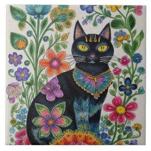 Black cat, flowers, butterflies, native art ceramic tile
