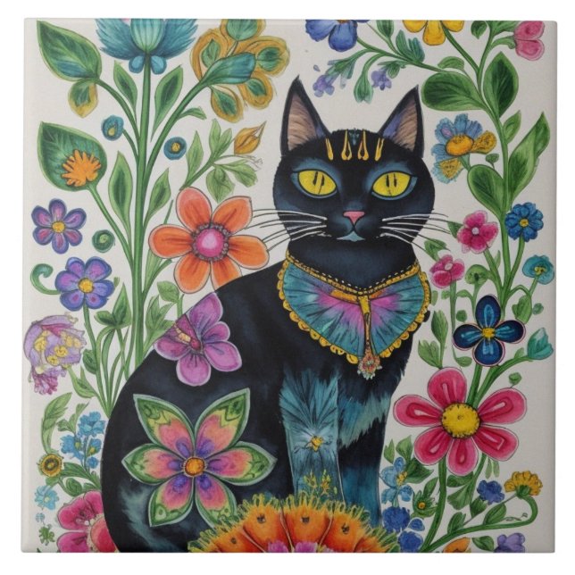 Black cat, flowers, butterflies, native art ceramic tile (Front)