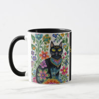 Black cat flowers butterflies, native art Editable