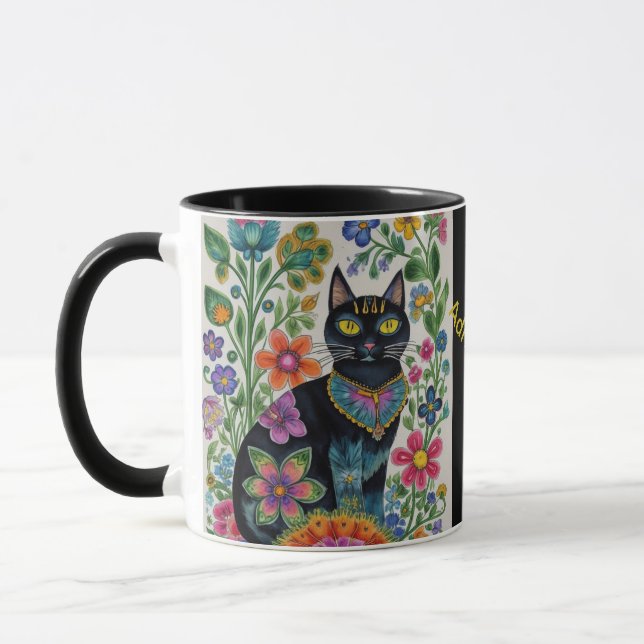 Black cat flowers butterflies, native art Editable Mug (Left)