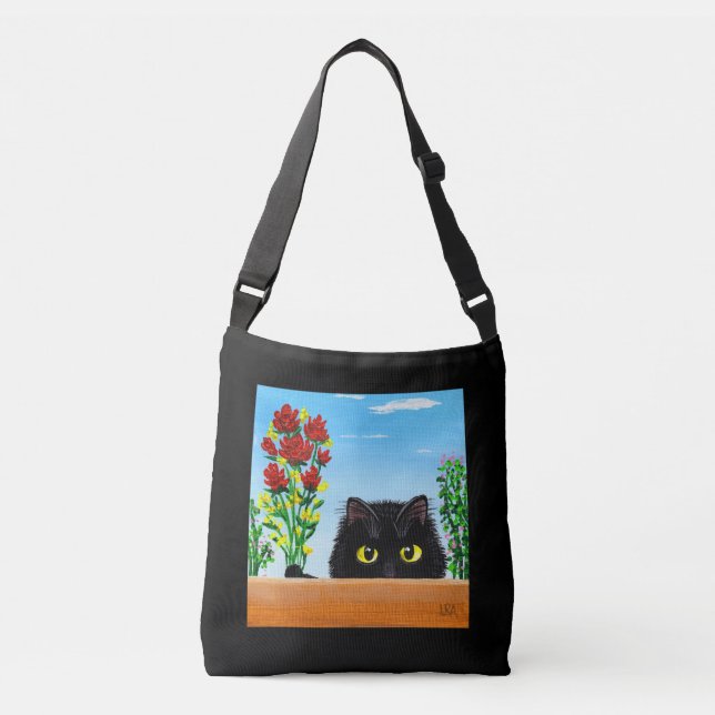 Black Cat Flowers Crossbody Bag (Front)