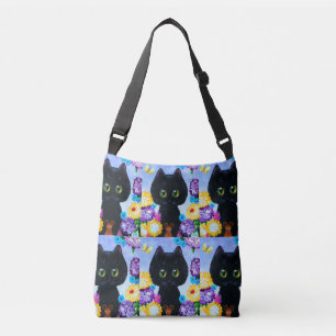 Black Cat Flowers Crossbody Bag