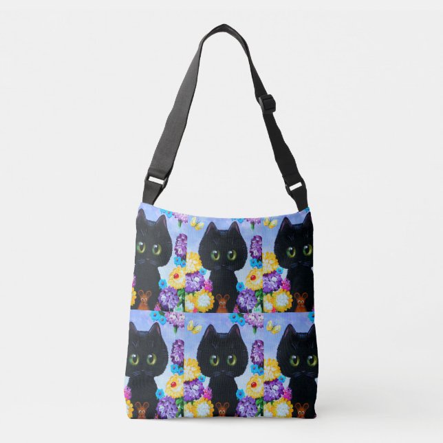 Black Cat Flowers Crossbody Bag (Front)