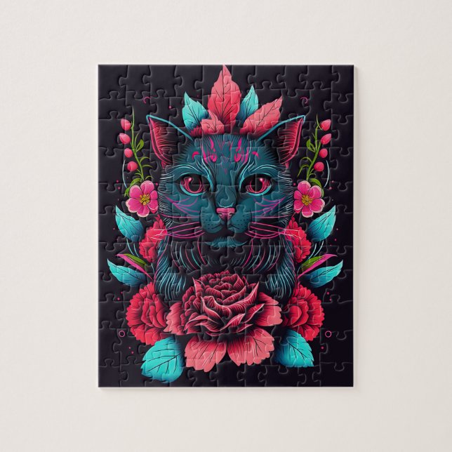 BLACK CAT FLOWERS FANTASY JIGSAW PUZZLE (Vertical)